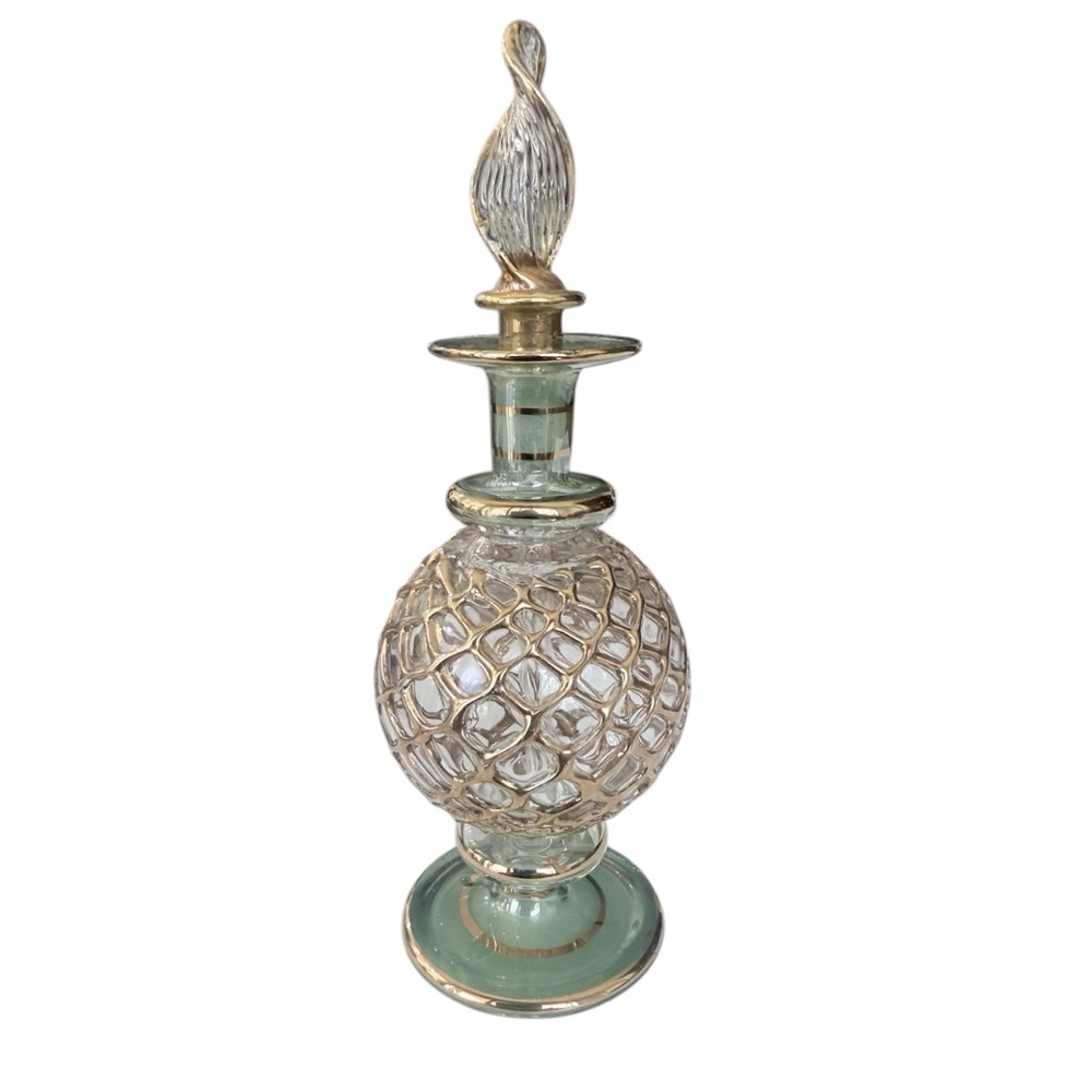 Elegant Italian Murano Blown Glass Perfume Bottle Green with Gold Accents